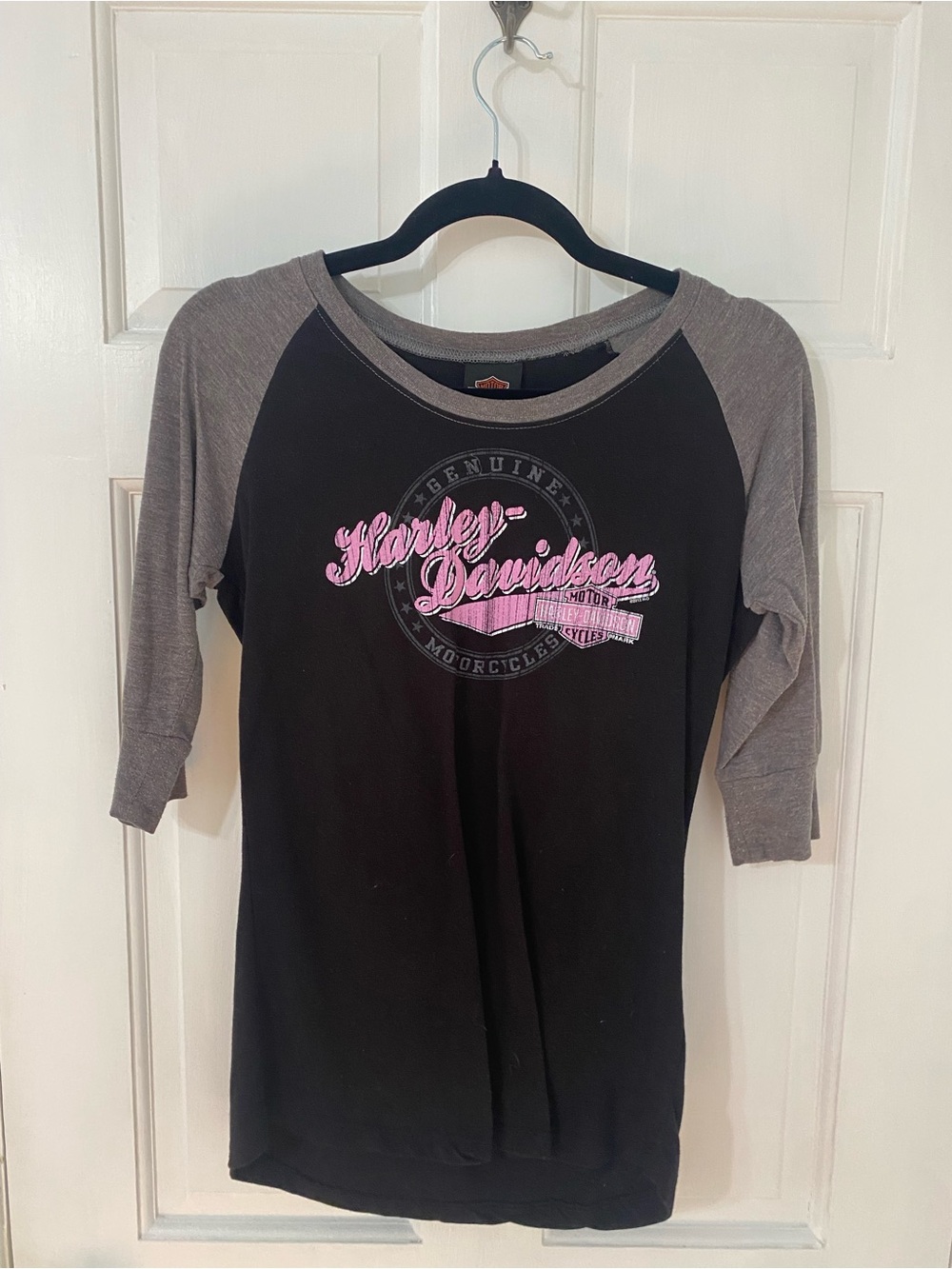 Harley-Davidson Black & Gray Raglan Tee with Pink Script Logo